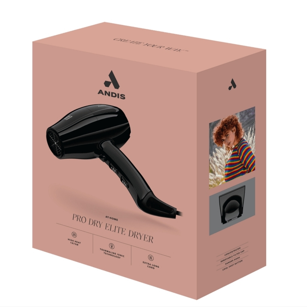 Andis Black Pro Dry Elite Hair Dryer on Pink Box